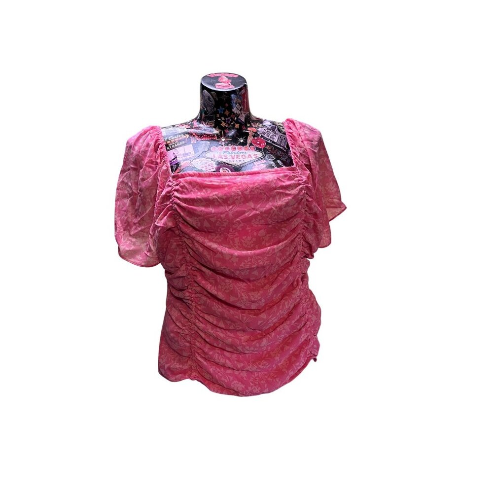 Lush Pink Floral Ruched Puff Sleeve Blouse Size 2X Lightweight Polyester Smocked